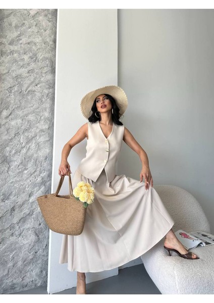 Kadın Alt Üst Takım Şık Düğme Detaylı Premium Yelek Etek Ikili Takım Elbise modelleri