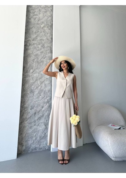 Kadın Alt Üst Takım Şık Düğme Detaylı Premium Yelek Etek Ikili Takım Elbise fırsatları