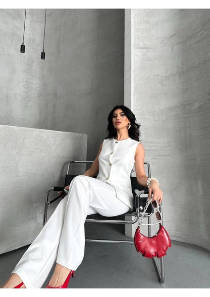 Kadın Alt Üst Takım Şık Düğme Detaylı Premium Yelek Pantolon Ikili Takım Elbise