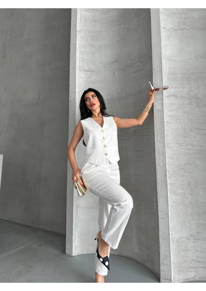 Kadın Alt Üst Takım Şık Taş Düğme Detaylı Premium Yelek Pantolon Ikili Takım Elbise