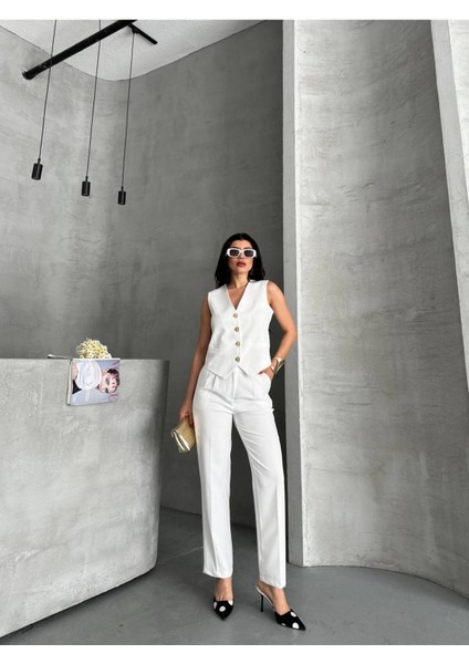 Kadın Alt Üst Takım Şık Taş Düğme Detaylı Premium Yelek Pantolon Ikili Takım Elbise indirimleri