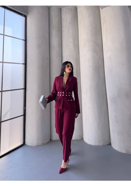 Kadın Zımba Kemer Detaylı Çıtçıtlı Cekete Palazzo Pantolon Şık Takım Elbise