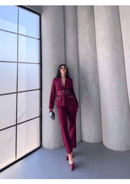 Kadın Zımba Kemer Detaylı Çıtçıtlı Cekete Palazzo Pantolon Şık Takım Elbise fiyatları