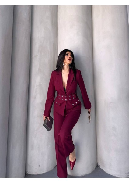 Kadın Zımba Kemer Detaylı Çıtçıtlı Cekete Palazzo Pantolon Şık Takım Elbise indirimleri