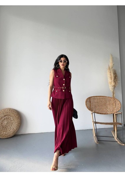 Kadın Kemerli Düğmeli Yelek Pileli Etek Takım Elbise modelleri