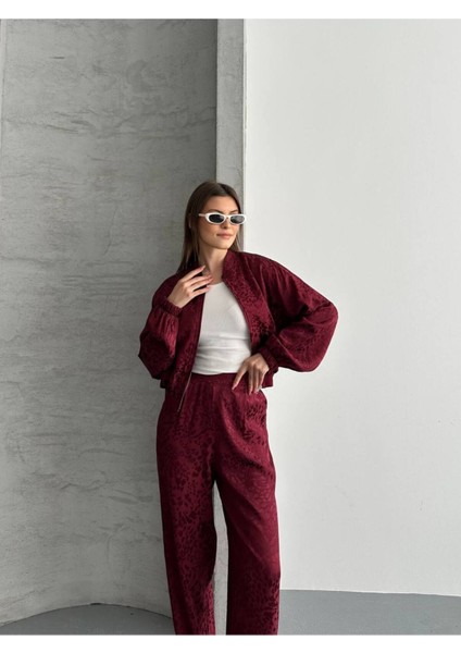 Kadın Leopar Saten Ceket Pantolon Ikili Takım