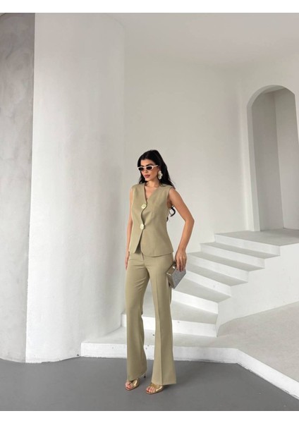 Kadın Gold Kurabiye Düğmeli Yelek Pantolon Takım Elbise modelleri