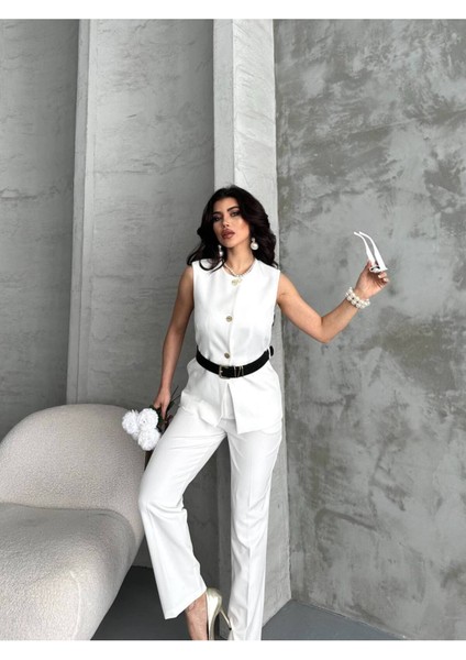 Kadın Kemerli Yelek Palazzo Pantolon Ikili Takım Elbise