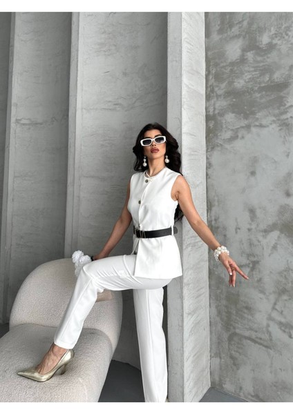 Kadın Kemerli Yelek Palazzo Pantolon Ikili Takım Elbise modelleri
