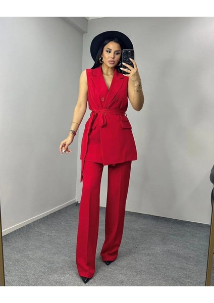 Kadın Kuşaklı Yelek Pantolon Takım Elbise