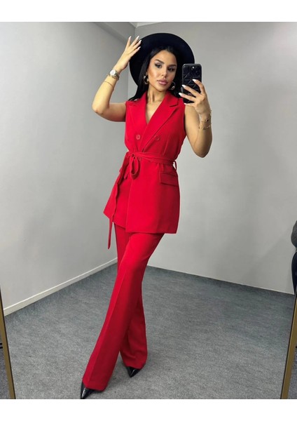 Kadın Kuşaklı Yelek Pantolon Takım Elbise fiyatları