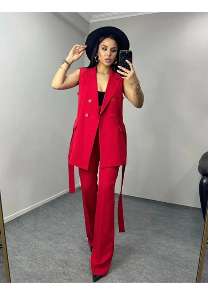 Kadın Kuşaklı Yelek Pantolon Takım Elbise modelleri