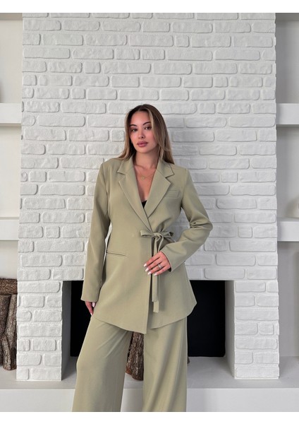 Kadın Yandan Bağlamalı Ikili Kuşaklı Blazer Ceket Pantolon Takım fırsatları