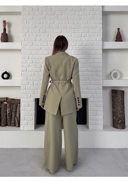 Kadın Yandan Bağlamalı Ikili Kuşaklı Blazer Ceket Pantolon Takım