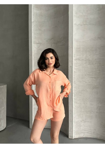 Kadın Keten Görünümlü Yazlık Gömlek Şort Ikili Takım