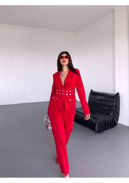 Kadın Zımba Kemer Detaylı Çıtçıtlı Cekete Palazzo Pantolon Şık Takım Elbise fiyatları