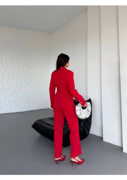 Kadın Zımba Kemer Detaylı Çıtçıtlı Cekete Palazzo Pantolon Şık Takım Elbise