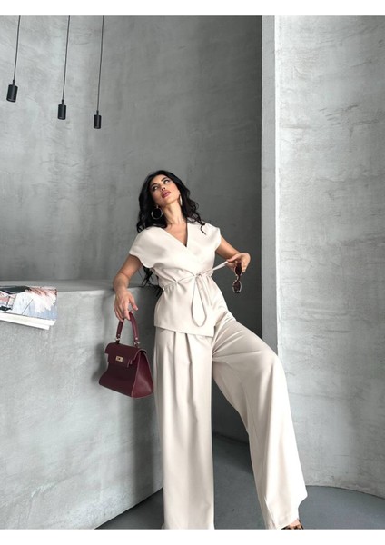 Kadın Kuşaklı Yelekli Palazzo Pantolonlu Takım Elbise fiyatları