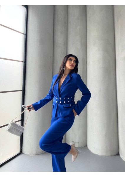 Kadın Zımba Kemer Detaylı Çıtçıtlı Cekete Palazzo Pantolon Şık Takım Elbise indirimleri