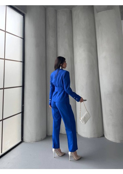 Kadın Zımba Kemer Detaylı Çıtçıtlı Cekete Palazzo Pantolon Şık Takım Elbise