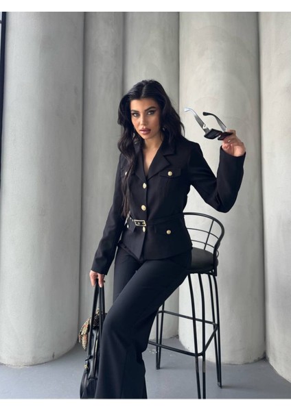 Kadın Kemerli Gold Düğmeli Ceket Palazzo Pantolon Takım Elbise indirimleri