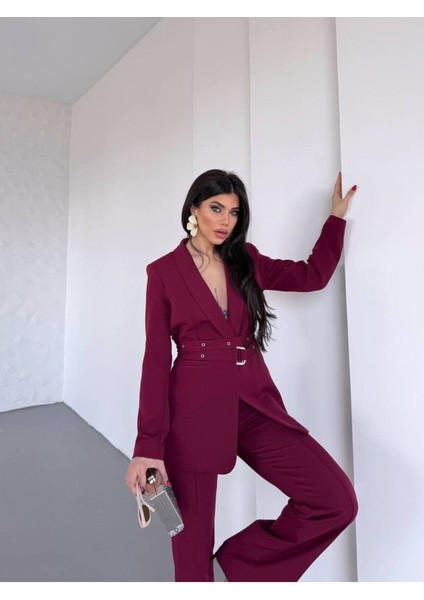 Kadın Ikili Kemer Detay Ceket Palazzo Pantolon Premium Takım Elbise