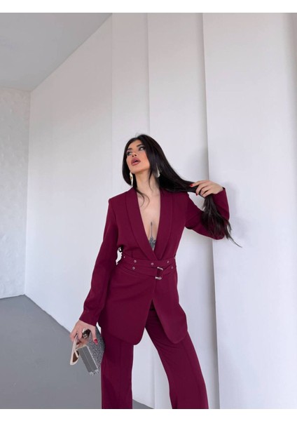 Kadın Ikili Kemer Detay Ceket Palazzo Pantolon Premium Takım Elbise fiyatları