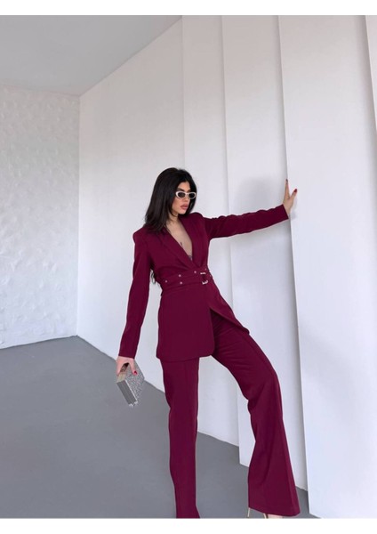 Kadın Ikili Kemer Detay Ceket Palazzo Pantolon Premium Takım Elbise modelleri