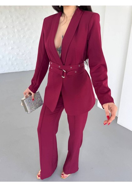 Kadın Ikili Kemer Detay Ceket Palazzo Pantolon Premium Takım Elbise fırsatları