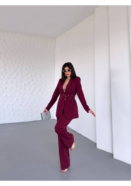 Kadın Ikili Kemer Detay Ceket Palazzo Pantolon Premium Takım Elbise indirimleri