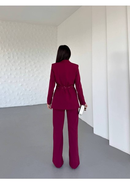 Kadın Ikili Kemer Detay Ceket Palazzo Pantolon Premium Takım Elbise