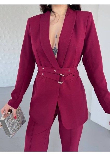 Kadın Ikili Kemer Detay Ceket Palazzo Pantolon Premium Takım Elbise