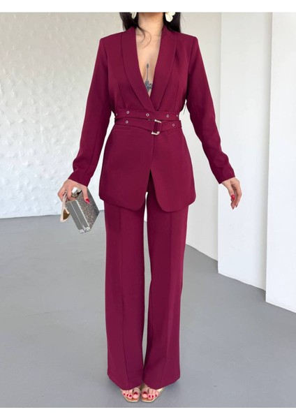 Kadın Ikili Kemer Detay Ceket Palazzo Pantolon Premium Takım Elbise