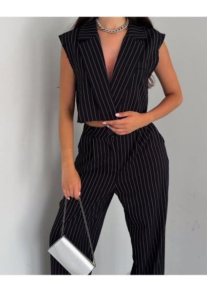 Kadın Sıfır Kol Kruvaze Yaka Ceket Crop Pantolon Takım Elbise indirimleri