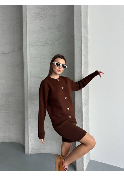 Kadın Triko Kalp Düğme Detaylı Şık ve Rahat Ikili Kombin Takım