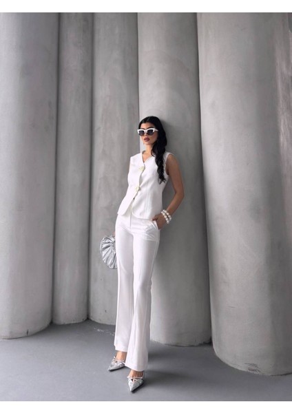 Kadın Gold Kurabiye Düğmeli Yelek Pantolon Takım Elbise