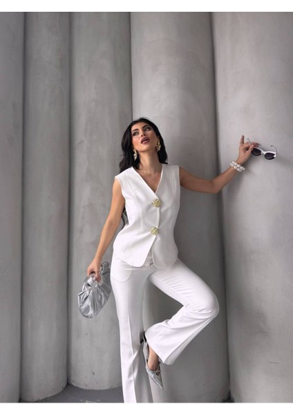 Kadın Gold Kurabiye Düğmeli Yelek Pantolon Takım Elbise indirimleri