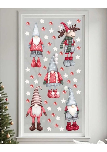 Sevimli Yılbaşı Cüceleri ve Geyik Sticker Seti, Yılbaşı Sticker Seti, Yılbaşı Pencere ve Duvar Sticker Seti