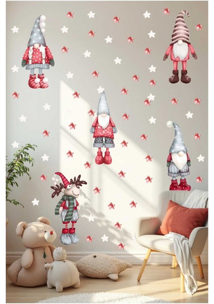 Sevimli Yılbaşı Cüceleri ve Geyik Sticker Seti, Yılbaşı Sticker Seti, Yılbaşı Pencere ve Duvar Sticker Seti modelleri