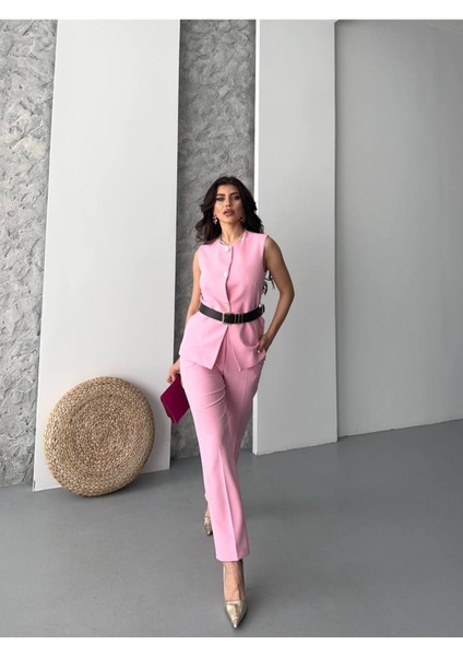 Kadın Kemerli Yelek Palazzo Pantolon Ikili Takım Elbise