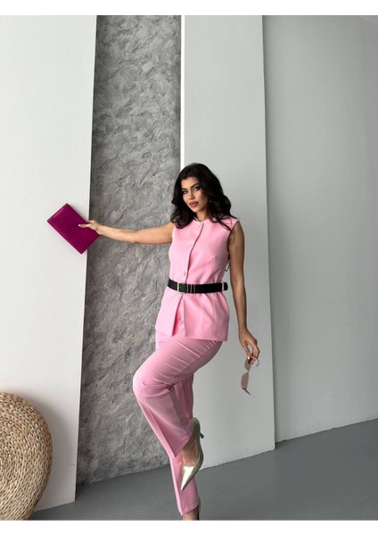 Kadın Kemerli Yelek Palazzo Pantolon Ikili Takım Elbise fiyatları