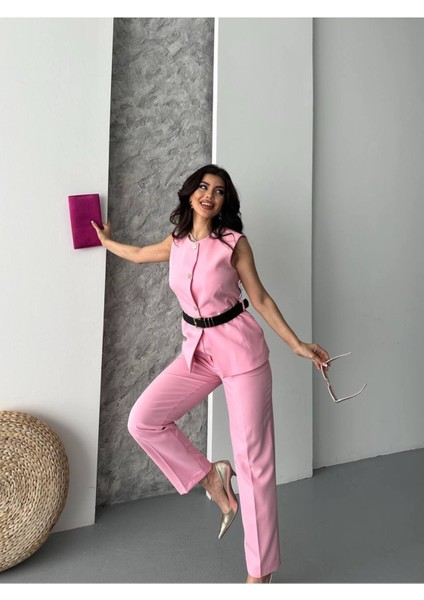 Kadın Kemerli Yelek Palazzo Pantolon Ikili Takım Elbise fırsatları
