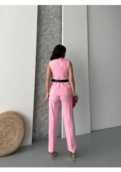 Kadın Kemerli Yelek Palazzo Pantolon Ikili Takım Elbise