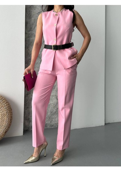 Kadın Kemerli Yelek Palazzo Pantolon Ikili Takım Elbise