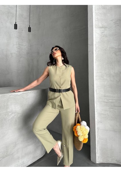 Kadın Kemerli Yelek Palazzo Pantolon Ikili Takım Elbise fiyatları