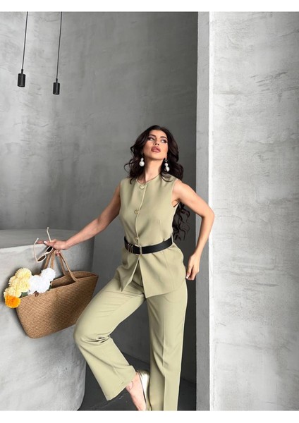 Kadın Kemerli Yelek Palazzo Pantolon Ikili Takım Elbise fırsatları