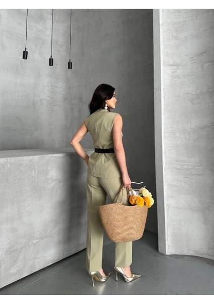 Kadın Kemerli Yelek Palazzo Pantolon Ikili Takım Elbise