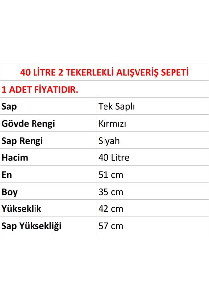 Tekerlekli Plastik Market Alışveriş El Sepeti 40 Litre Kırmızı 1 Adet fiyatları