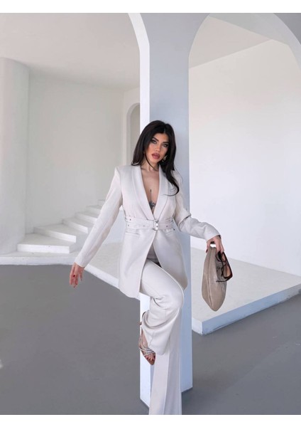 Kadın Ikili Kemer Detay Ceket Palazzo Pantolon Premium Takım Elbise fiyatları