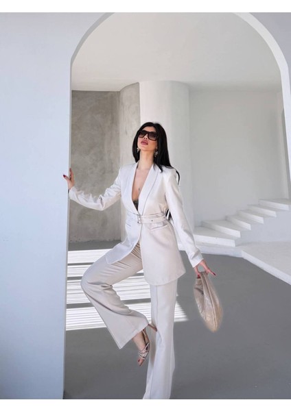 Kadın Ikili Kemer Detay Ceket Palazzo Pantolon Premium Takım Elbise modelleri